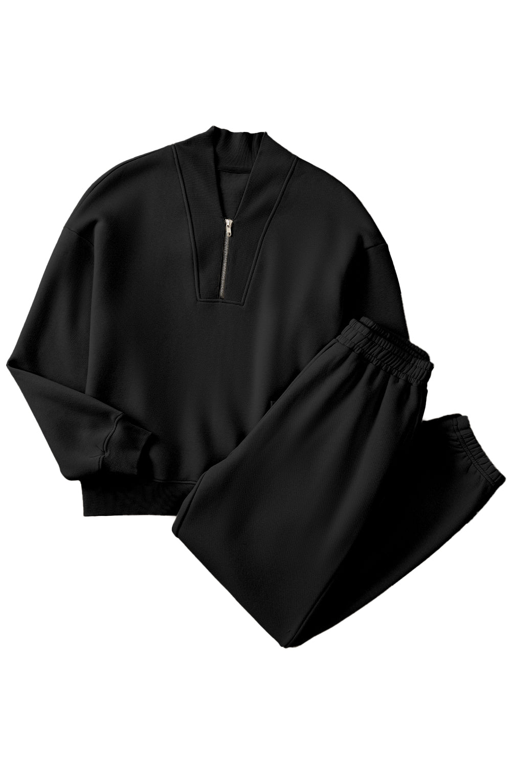 Black Plain Half Zip V Neck Ribbed Edge Loose Tracksuit