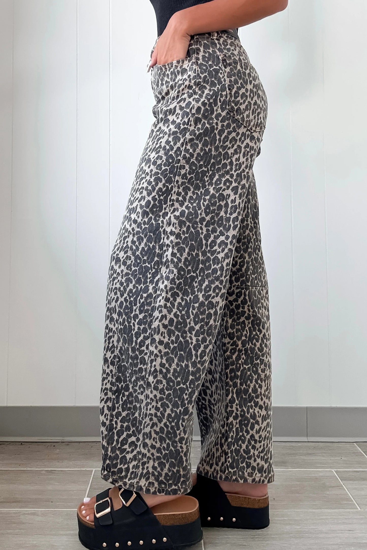Black Leopard Print High Waist Barrel Leg Jeans