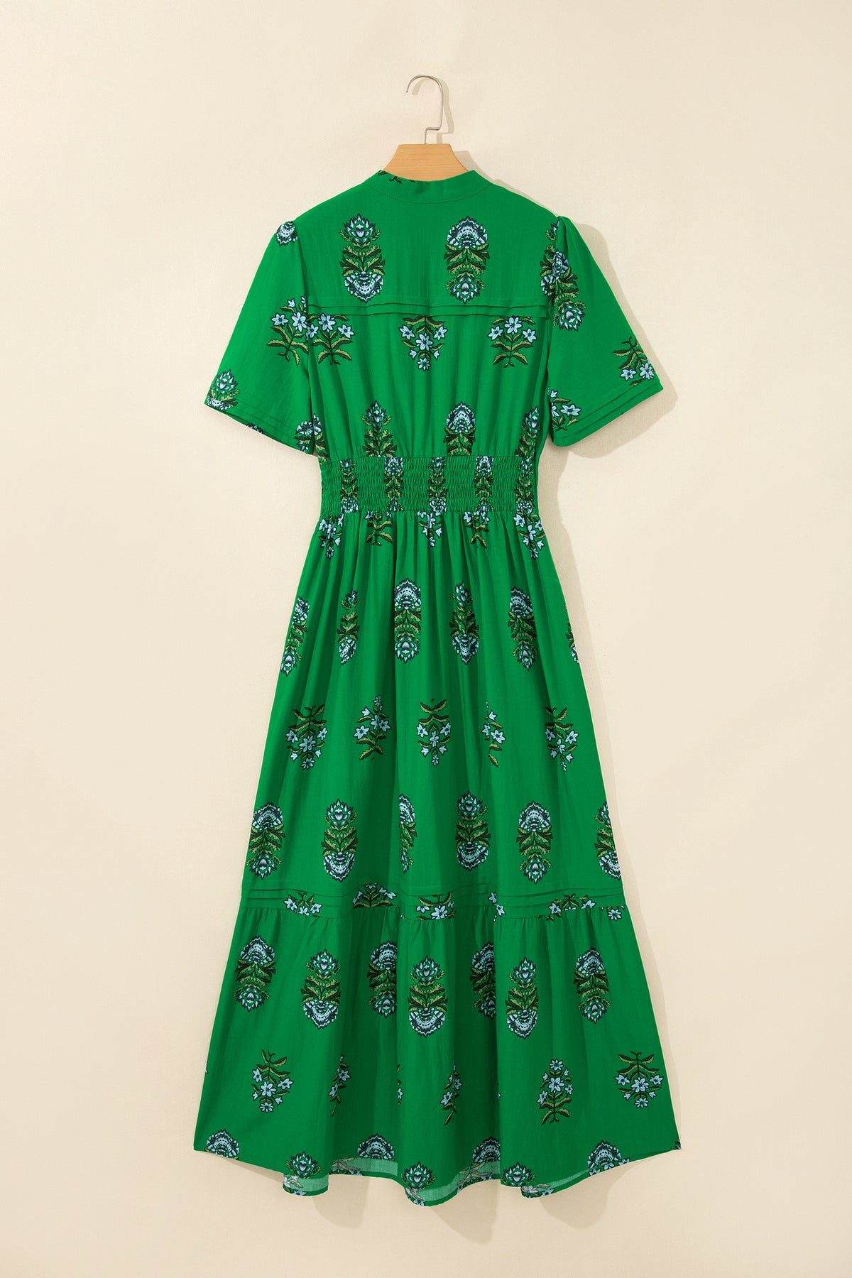 Floral Smocked Waist Maxi Dress Split Neck Boho