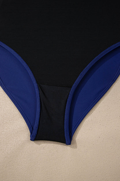 Black Color Block Detail Adjustable Straps One Piece Swimsuit