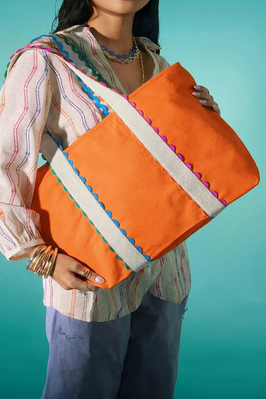 Ricrac Trim Canvas Tote Bag Colorful Large Capacity