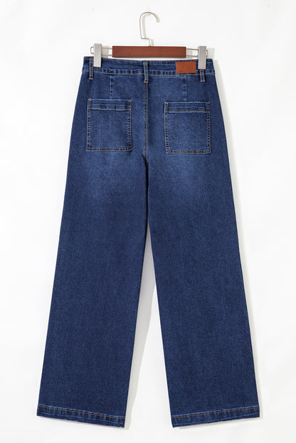 High Waist Wide Leg Denim Jeans with Front Patch Pockets