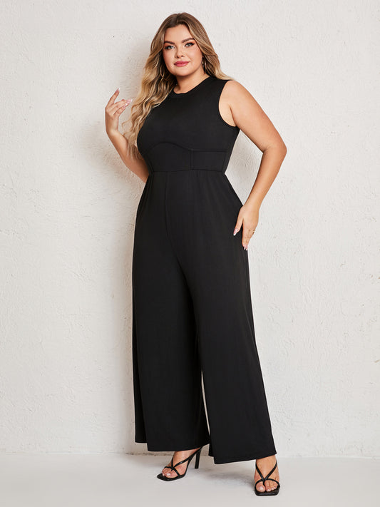 Womens Summer One Piece Sleeveless Wide Leg Pants Rompers With Pockets Plus Size