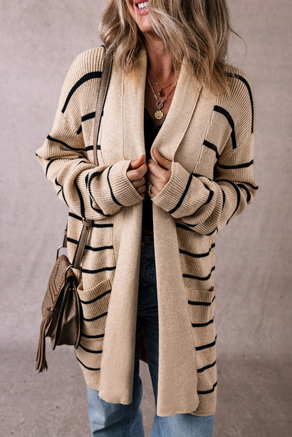 Black Stripe Open Front Shawl Cardigan with Pockets