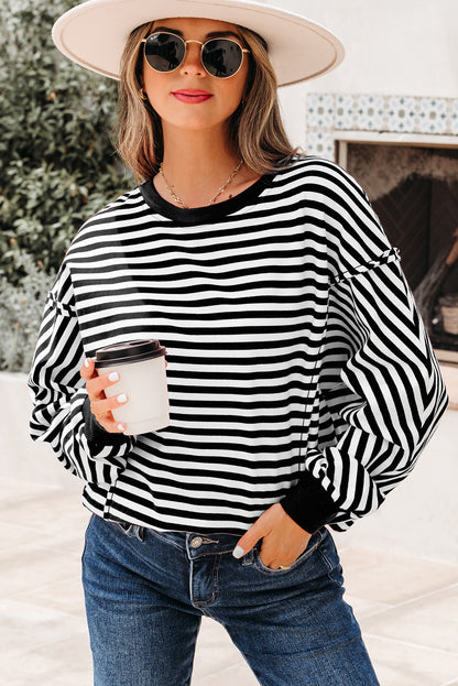Red Stripe Oversized Pullover Exposed Seam Long Sleeve Top