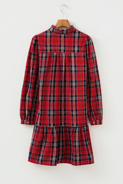 Christmas Red Plaid Print Frilly Collar Long Sleeve Dress