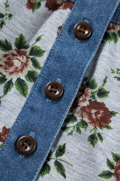 Floral Color Block Polo Henley Button Casual Top