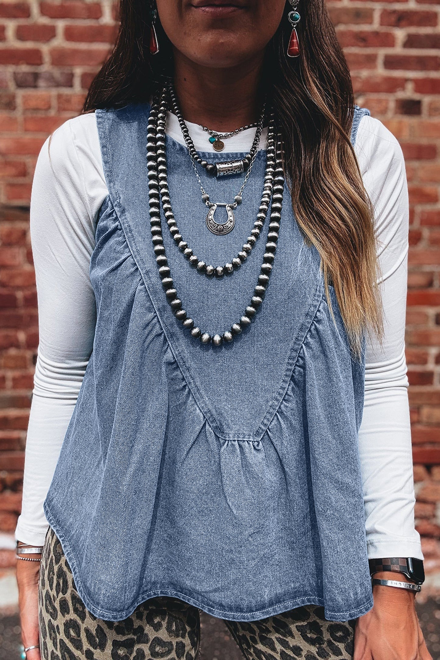 Washed Denim Ruffle Panel Babydoll Sleeveless Top