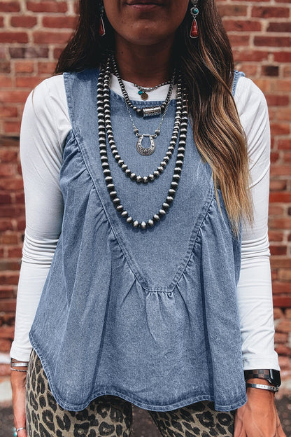 Washed Denim Ruffle Panel Babydoll Sleeveless Top