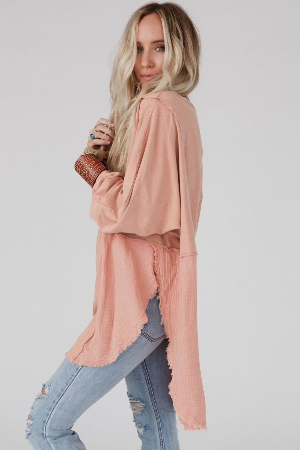 Oversized Crinkle Splicing Raw Hem Long Sleeve Top