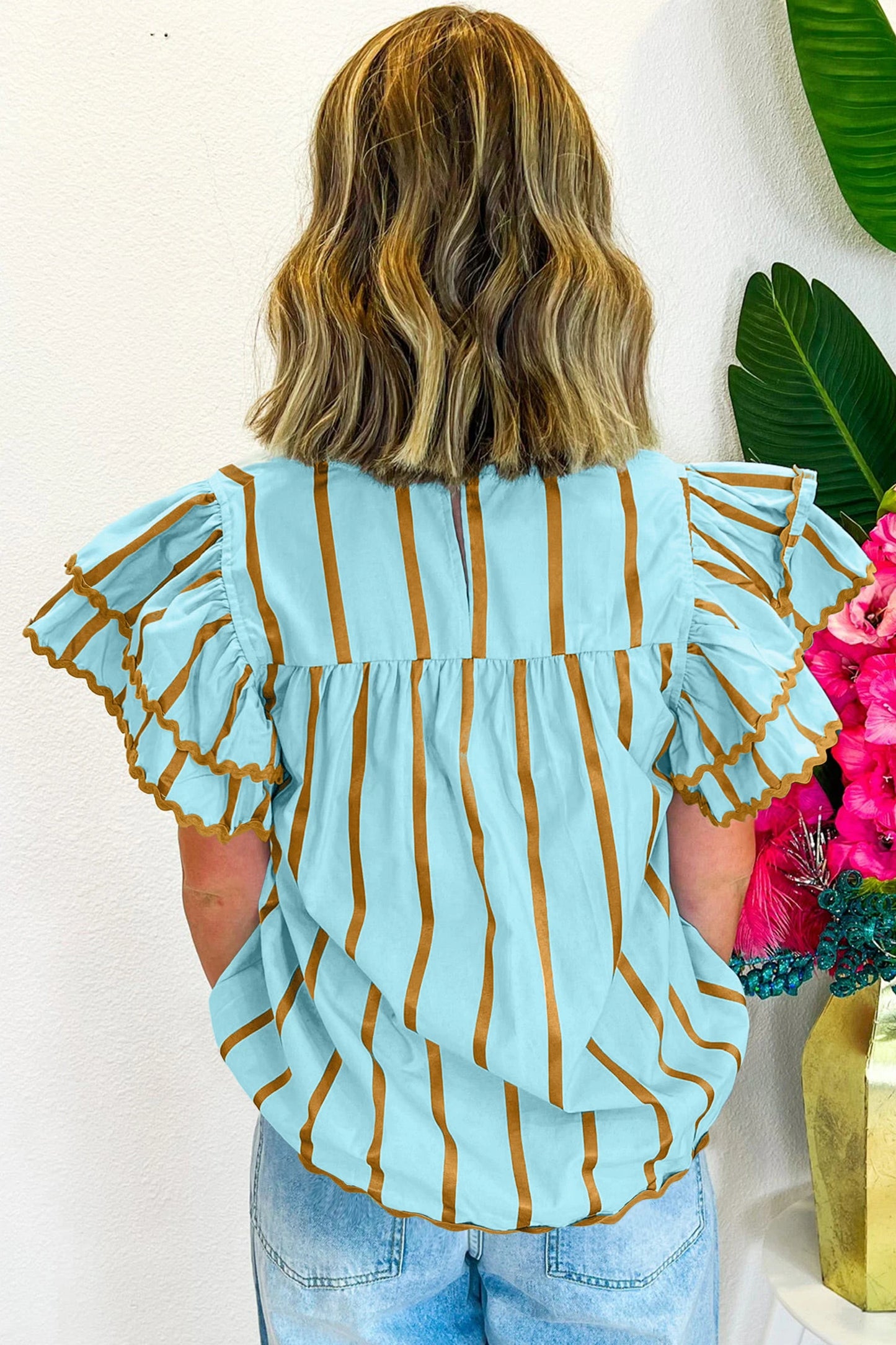 Striped V Neck Flutter Sleeve Blouse Casual Loose Top