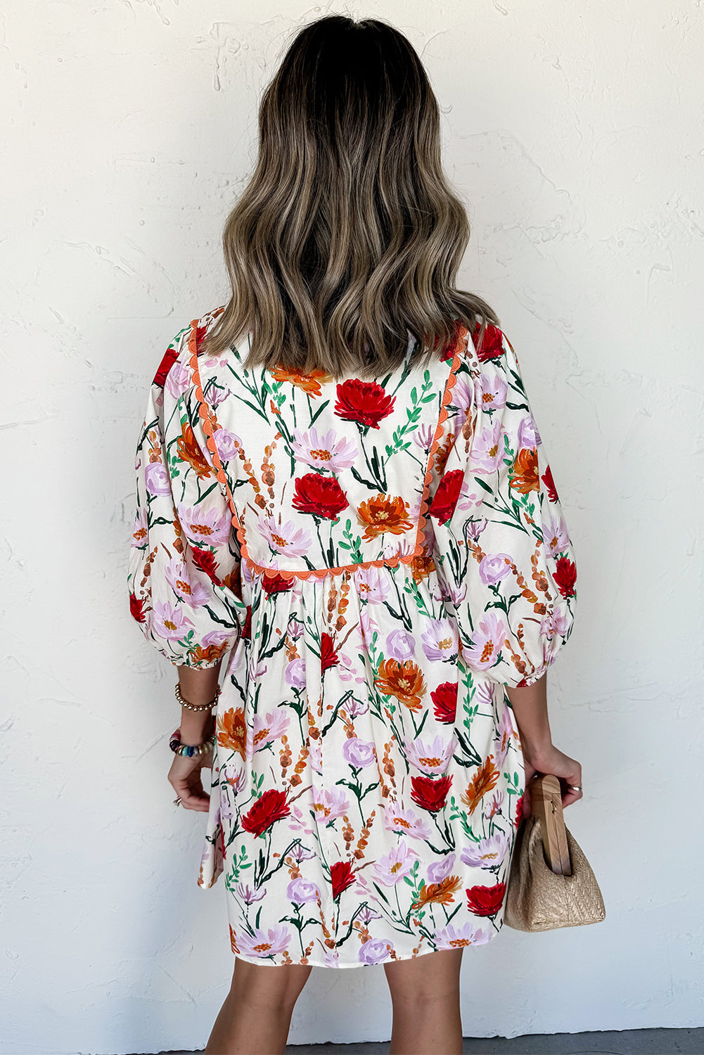 Easter Floral Ricrac Trim Puff Sleeve Mini Dress