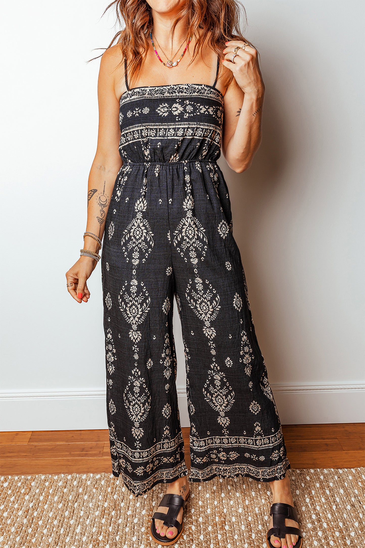 Black Boho Print Spaghetti Strap Wide Leg Jumpsuit