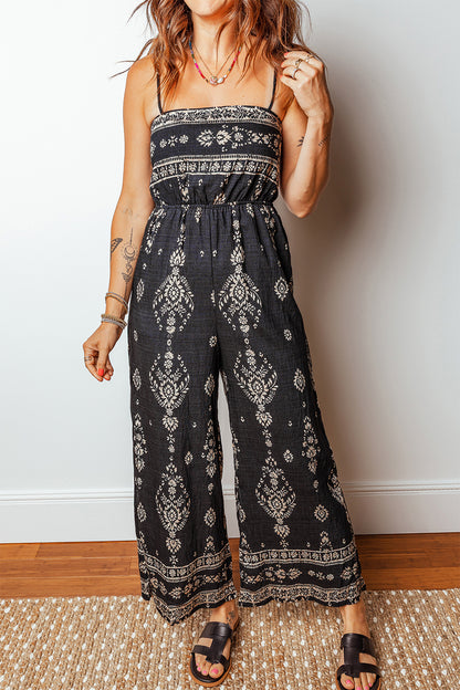 Black Boho Print Spaghetti Strap Wide Leg Jumpsuit