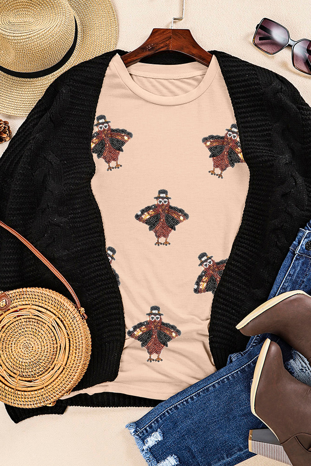 Khaki Sequined Turkey Graphic Crewneck Thanksgiving Tee