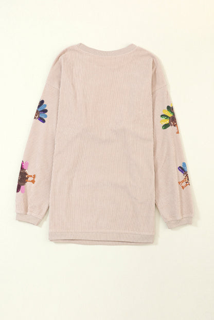 Sequined Turkey Corded Oversized Thanksgiving Sweatshirt