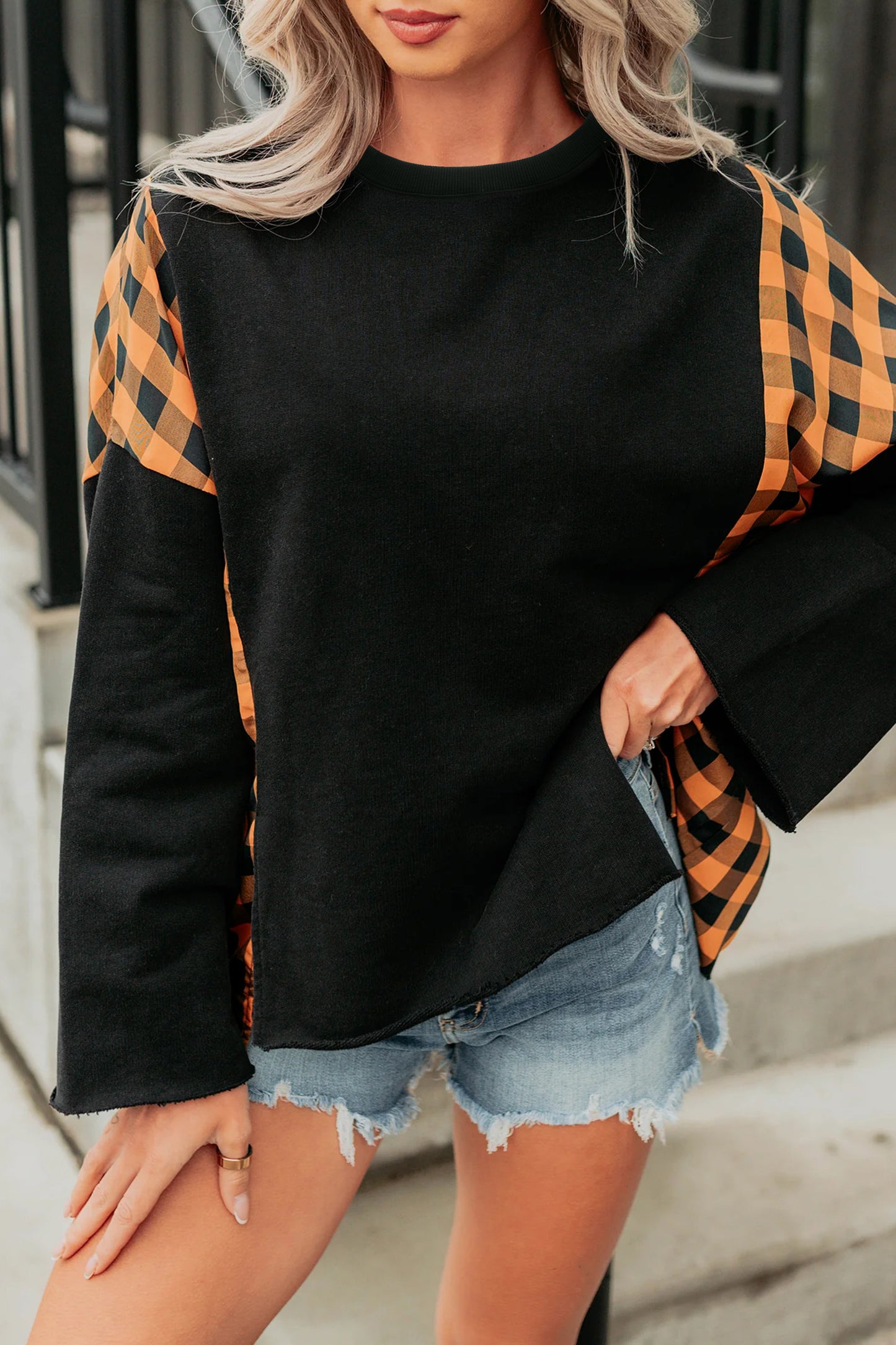 Halloween Pumpkin Face Plaid Patchwork Long Sleeve Top