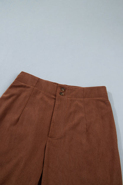 Coffee Elastic Waist Straight Leg Ankle Length Corduroy Pants