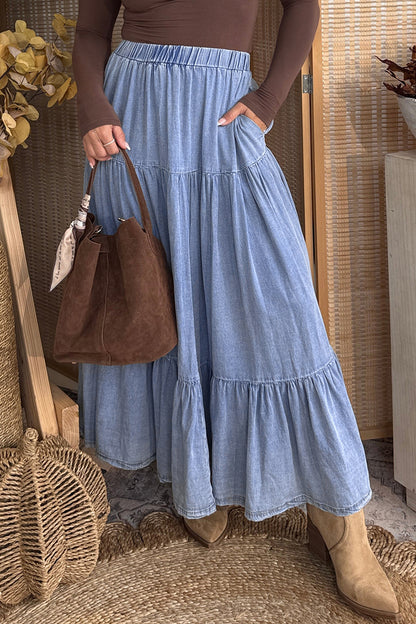 Blue Tiered Denim Maxi Skirt Elastic Waist Casual Summer