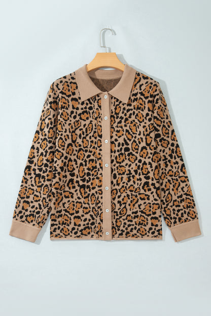 Leopard Print Button Up Knit Cardigan Top
