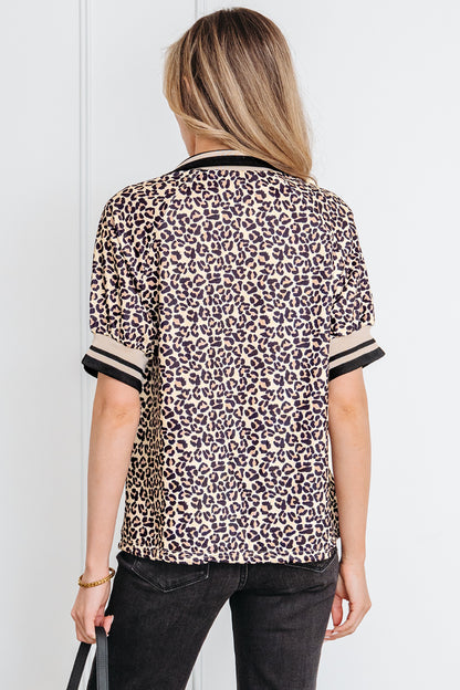 Women’s Leopard Print Half Zip Stripe Trim Top