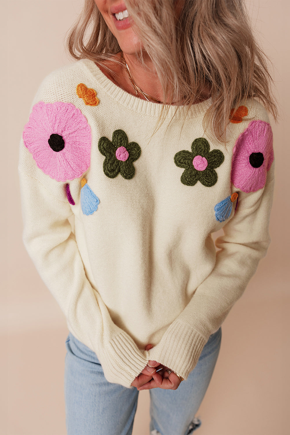 Pink Knitted Flower Pattern Ribbed Edge Sweater