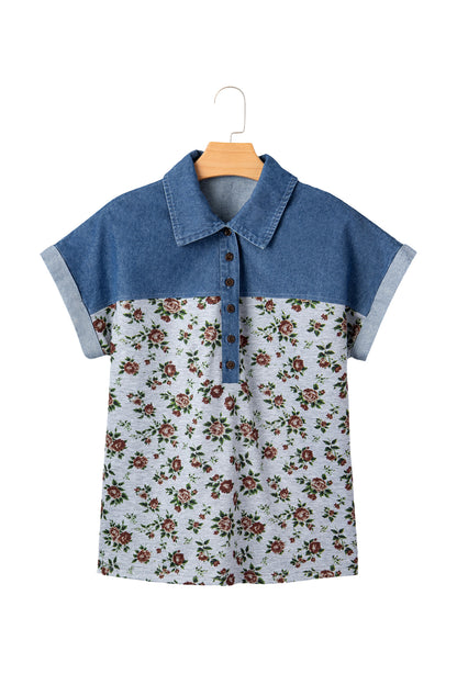 Floral Color Block Polo Henley Button Casual Top