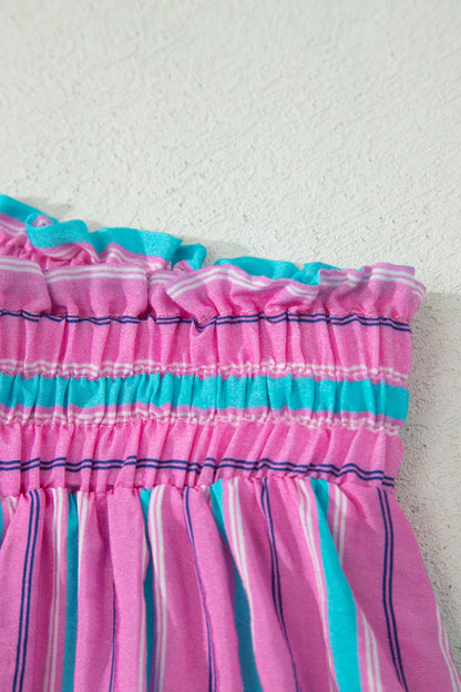 Pink Stripe Puff Sleeve Two Piece Shorts Set