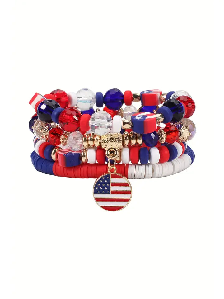 Red Patriotic Beaded Layered Bracelet Flag Day July 4th