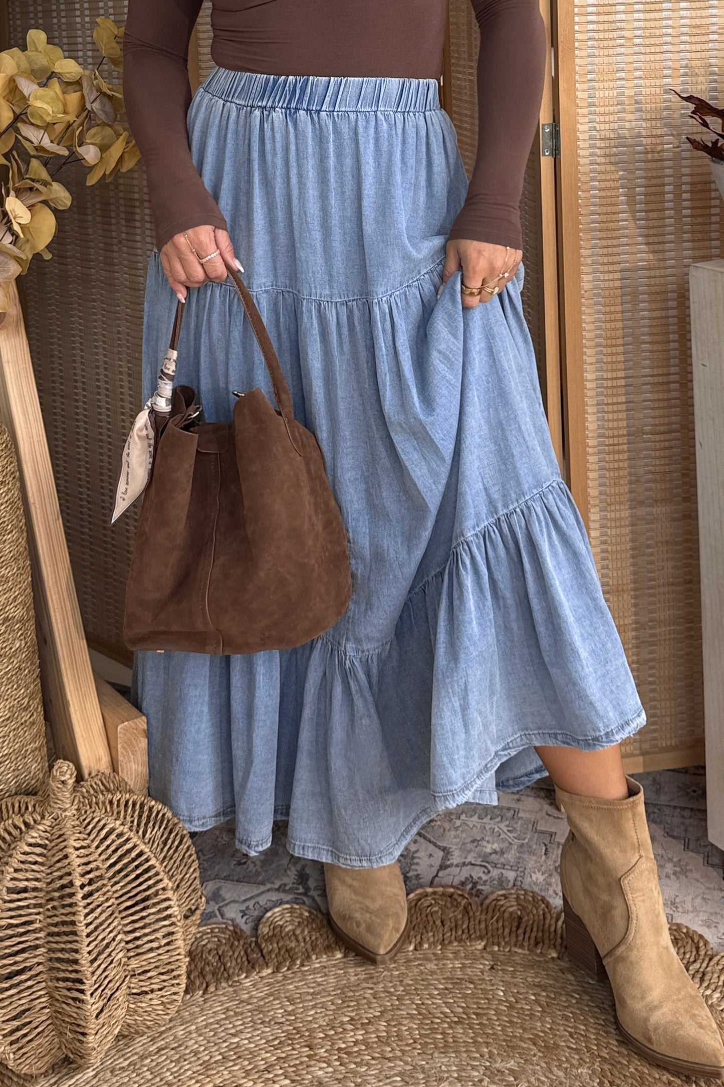 Blue Tiered Denim Maxi Skirt Elastic Waist Casual Summer