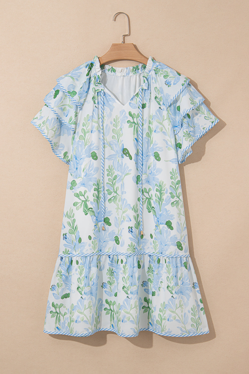 Sky Blue Floral Ruffle Sleeve Tie Neck Mini Dress