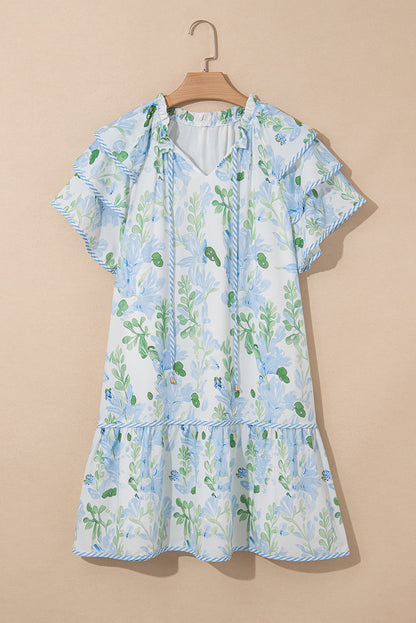 Sky Blue Floral Ruffle Sleeve Tie Neck Mini Dress