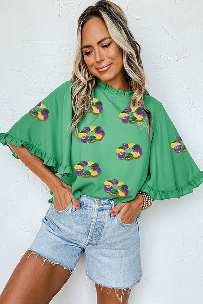 Green Mardi Gras Sequin Beads Ruffle Bell Sleeve Blouse
