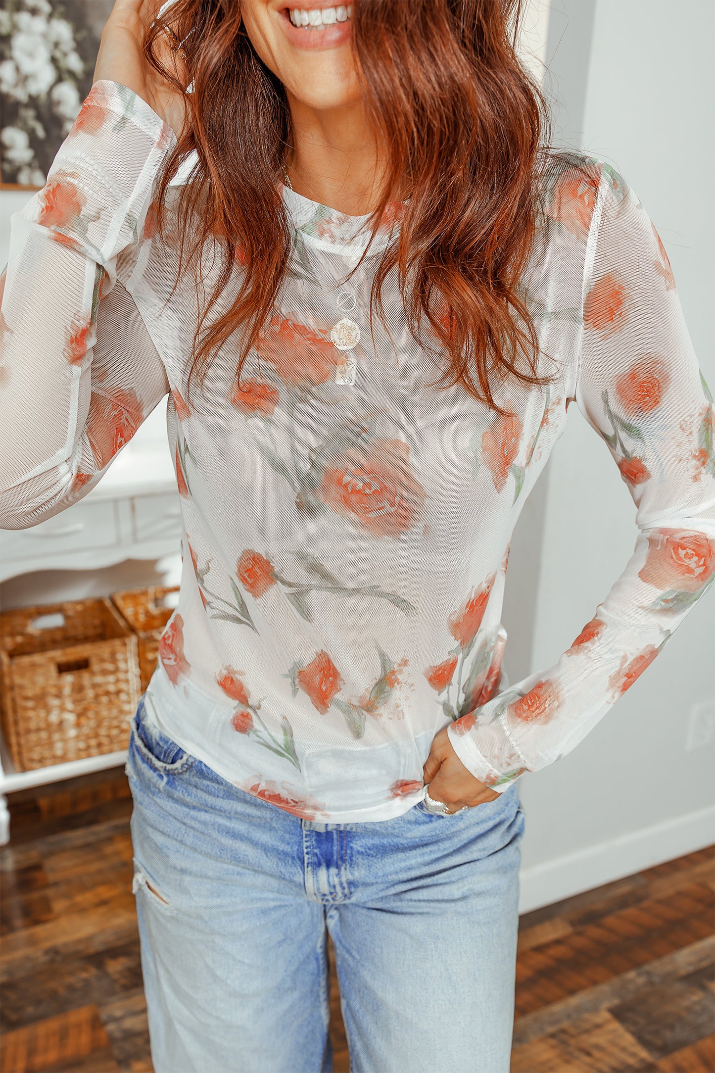 Floral Sheer Mesh Long Sleeve Layering Top Women