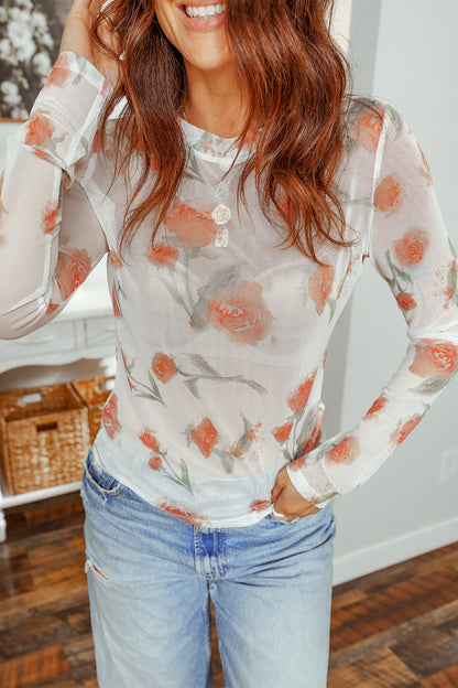 Floral Sheer Mesh Long Sleeve Layering Top Women