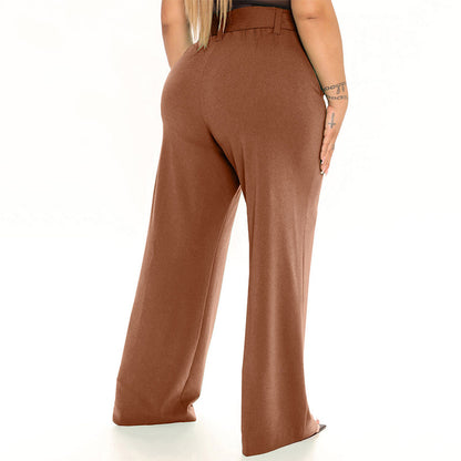 Belted Wide Leg Pants Women's Solid Color Plus Size Loose Casual Leisure Wind Pants