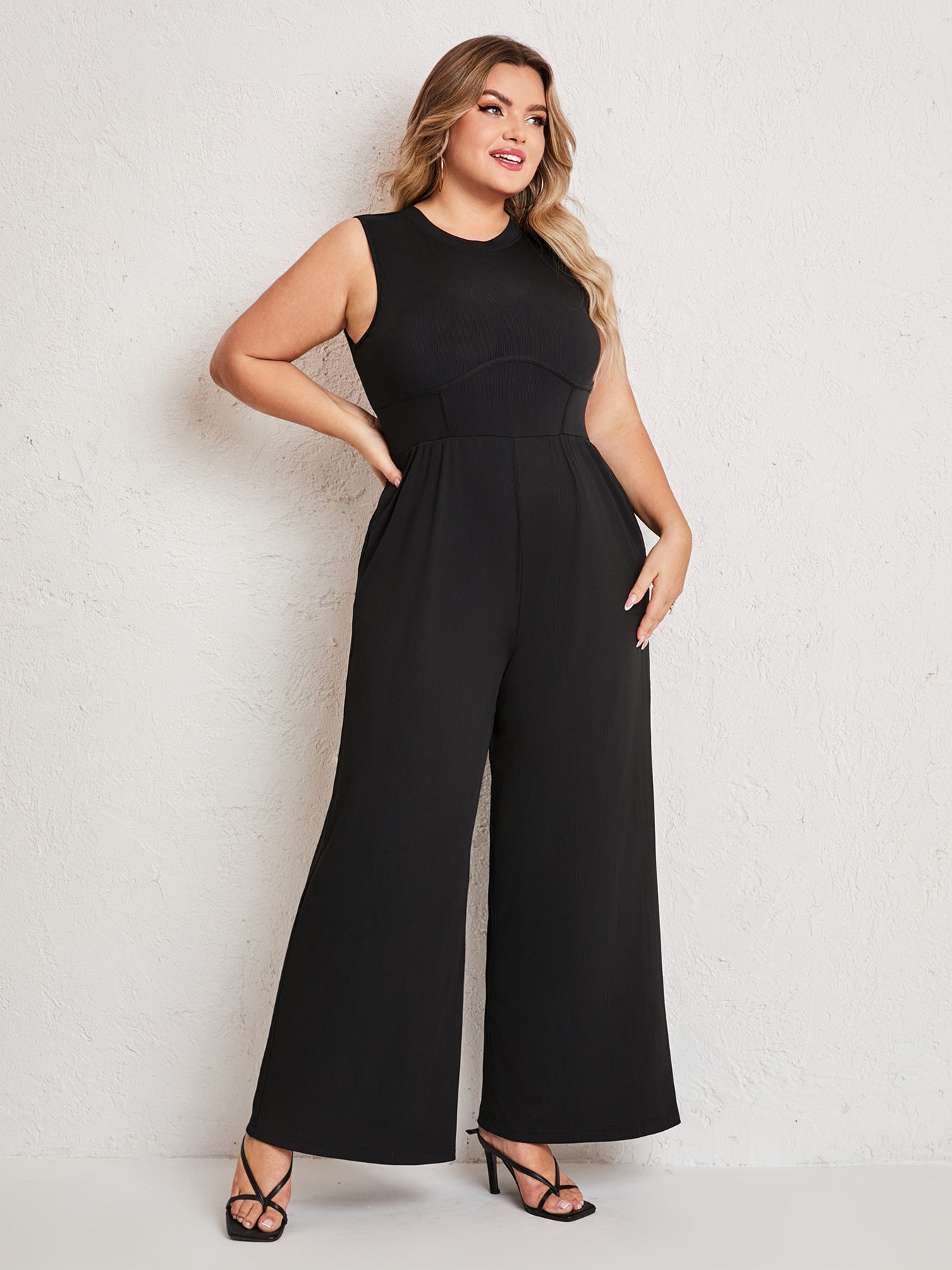 Womens Summer One Piece Sleeveless Wide Leg Pants Rompers With Pockets Plus Size