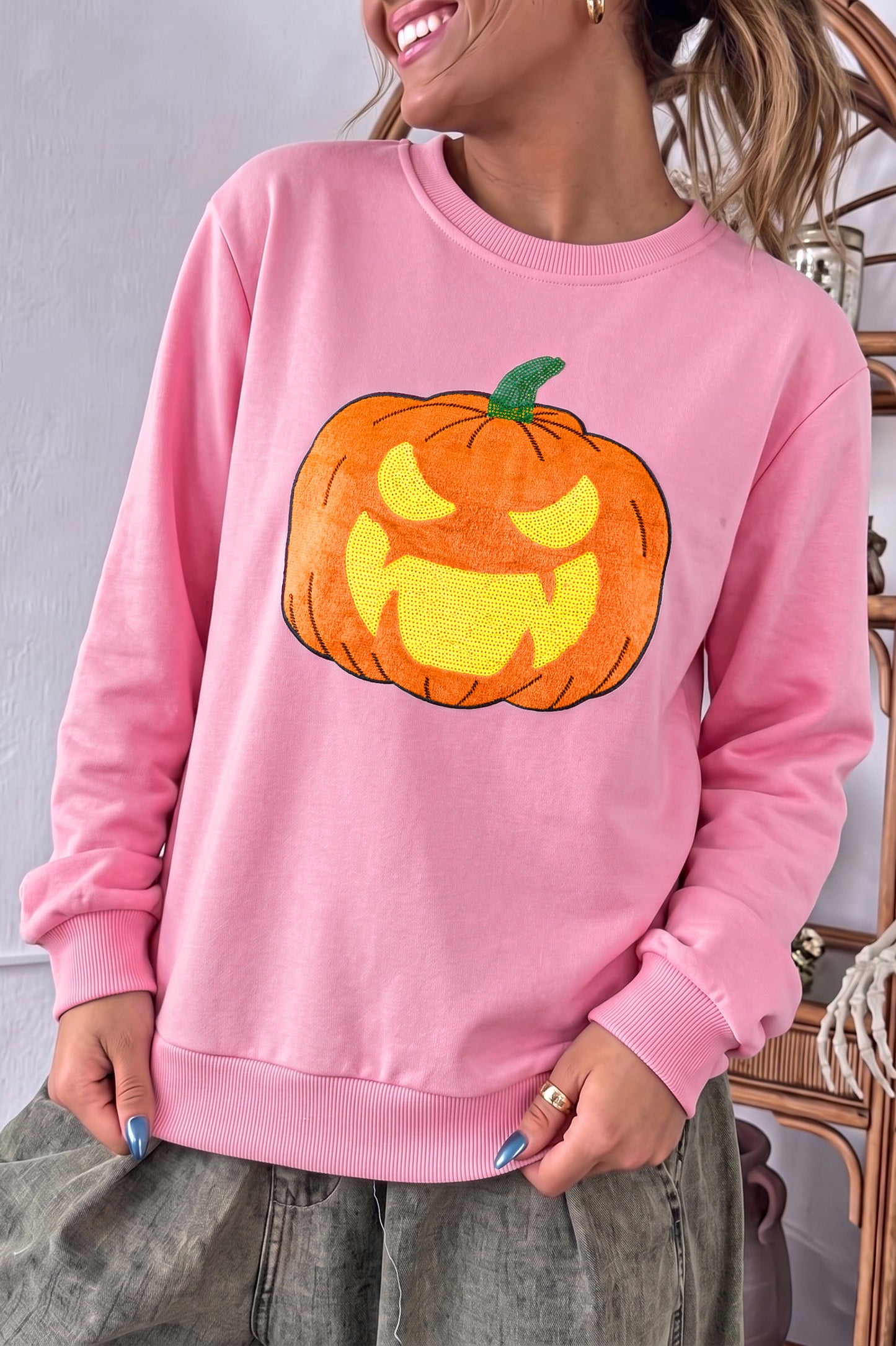 Pink Embroidered Pumpkin Halloween Crewneck Sweatshirt