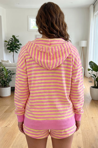 Striped Zip Up Hoodie Shorts Set Lounge Outfit
