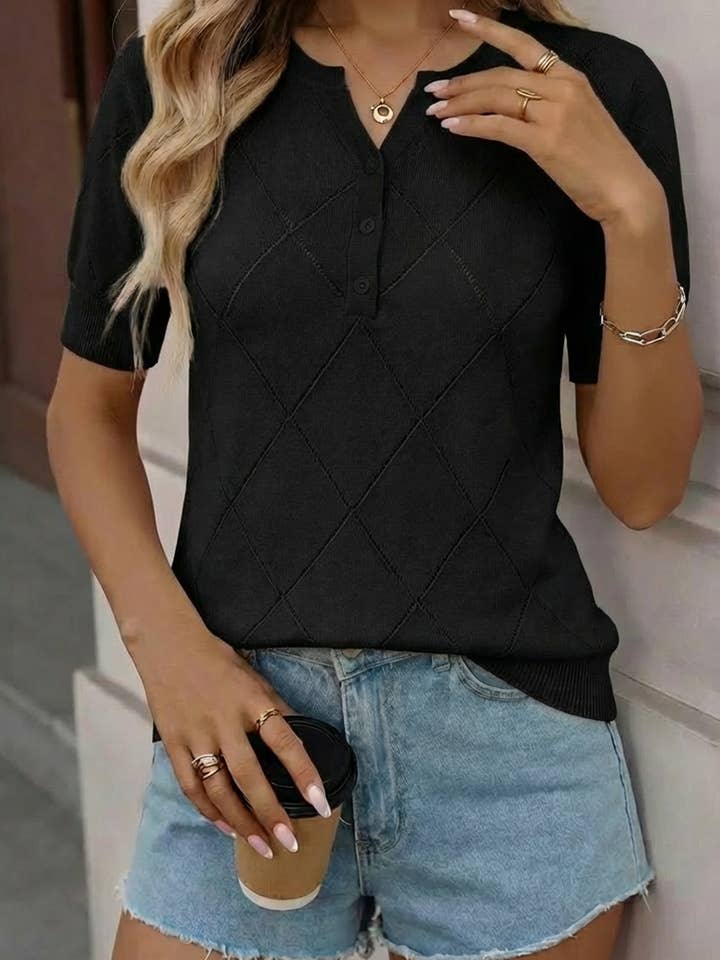 Argyle Diamond Knit Henley Short Sleeve Sweater Top