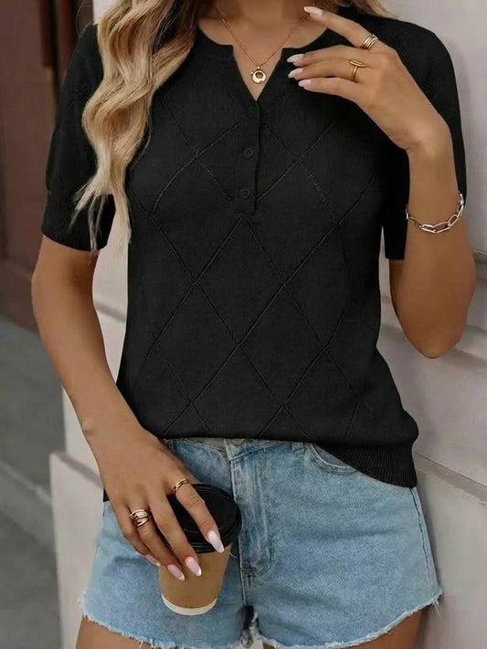 Argyle Diamond Knit Henley Short Sleeve Sweater Top