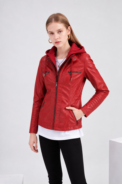 Women's Faux Leather Moto Jacket Removable Hood Plus Size