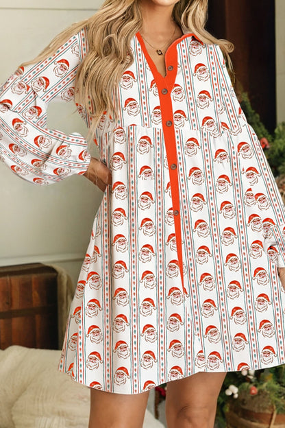 Santa Print Button Front Long Sleeve Christmas A Line Dress