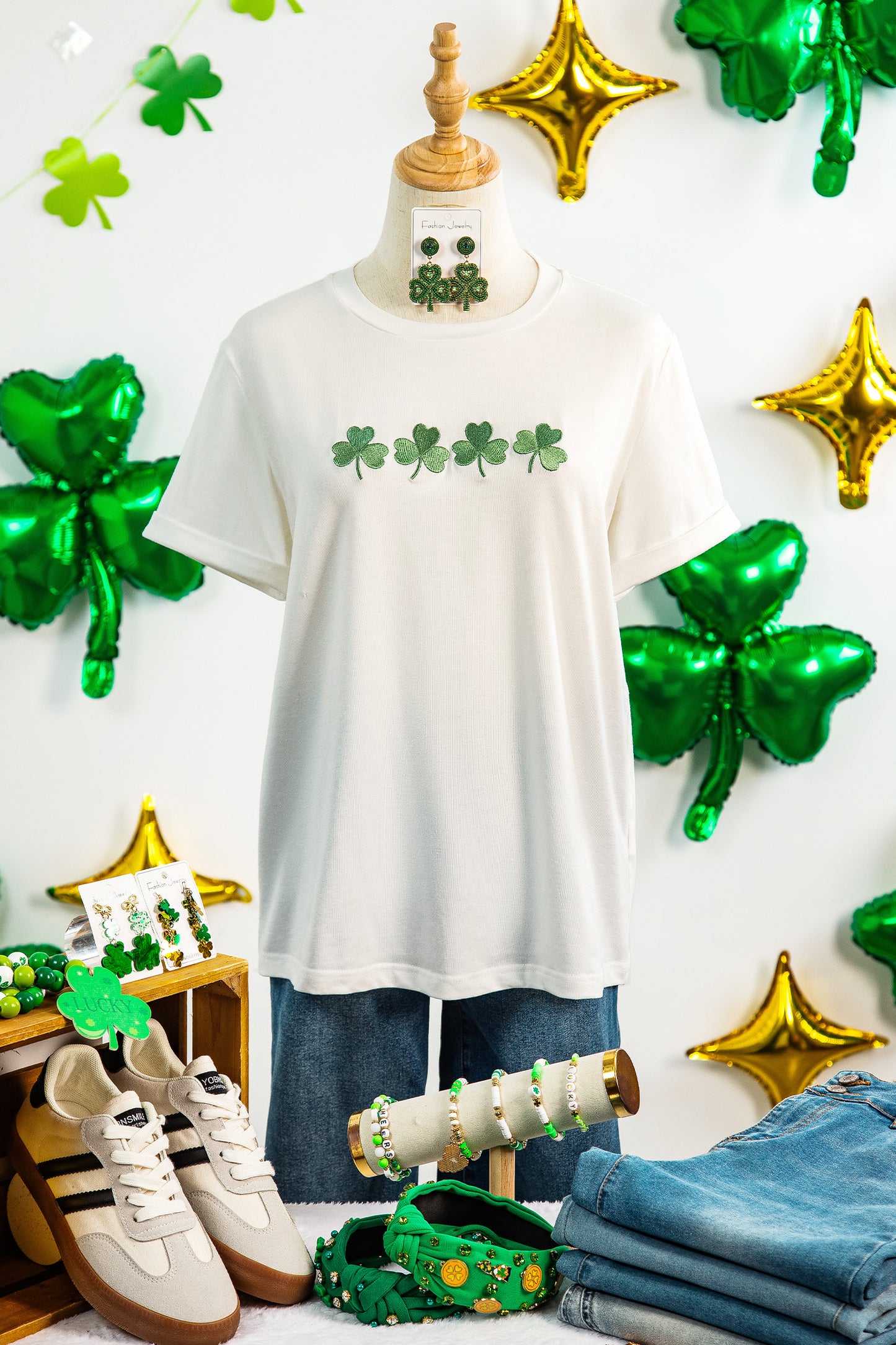 St. Patrick’s White Embroidered Clover Graphic Tee