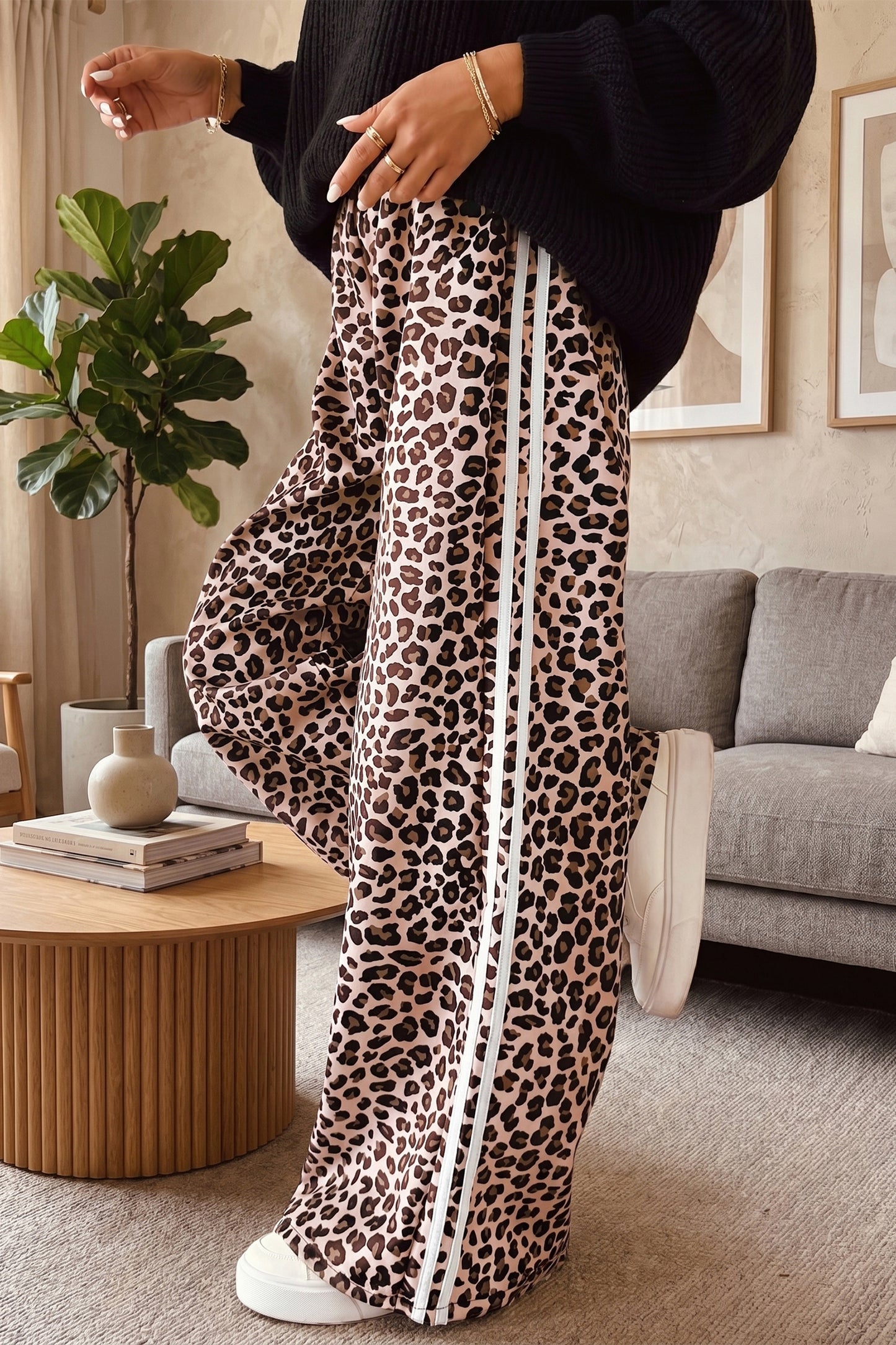 Leopard Print Wide Leg Pants with Side Stripe Detail