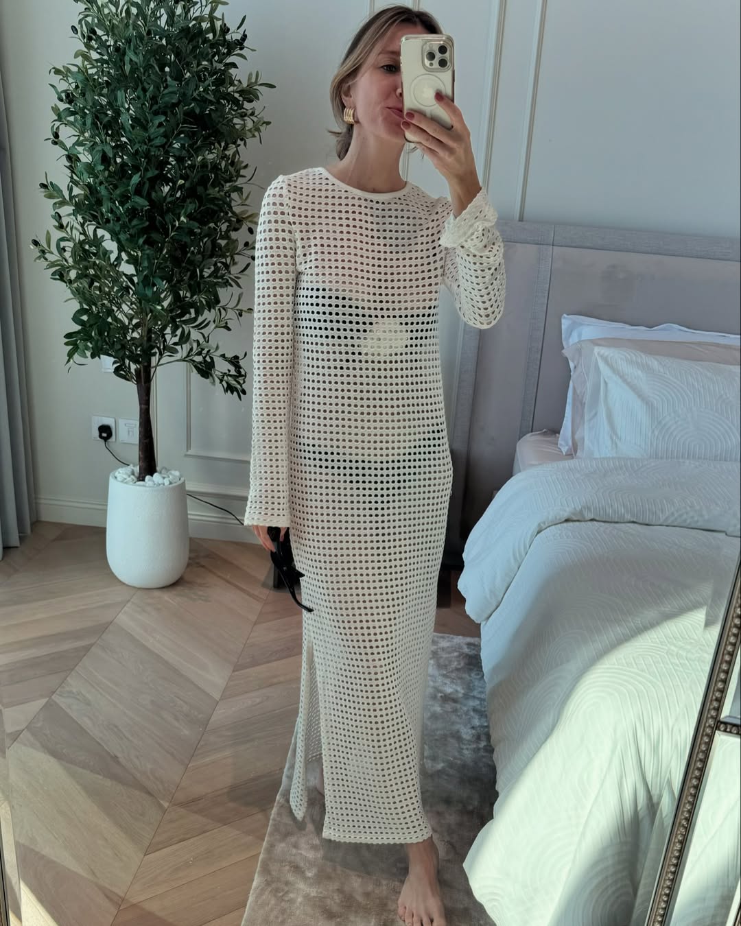 White Crochet Mesh Beach Cover Up Maxi Dress Women Resort