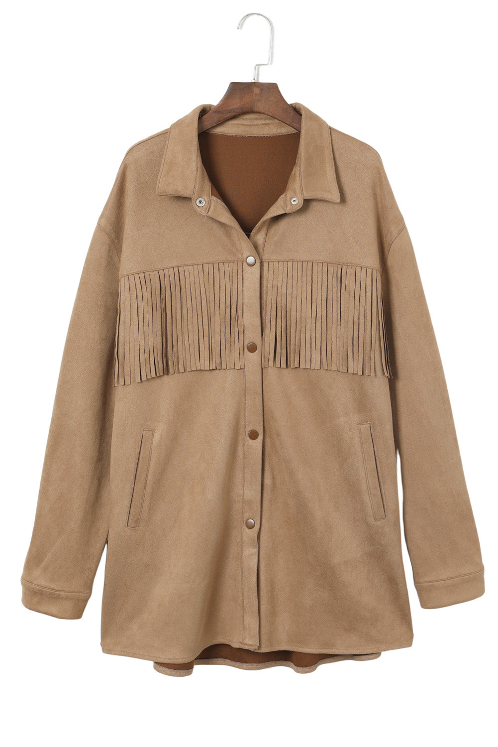 Khaki Fringe Trim Plus Size Suede Shacket