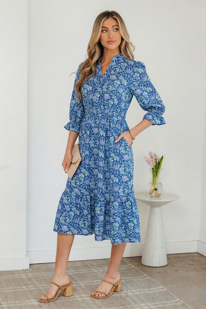 Floral V Neck Midi Dress Women Casual Boho Dress