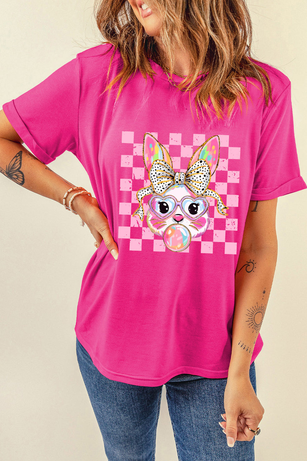 Rose Red Plaid Bunny Bubble Gum Easter Graphic Tee