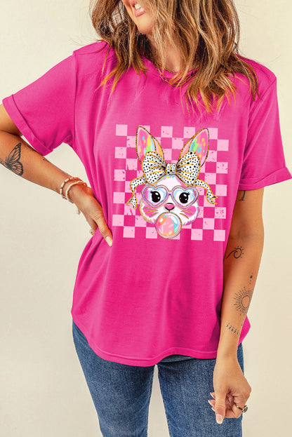 Rose Red Plaid Bunny Bubble Gum Easter Graphic Tee